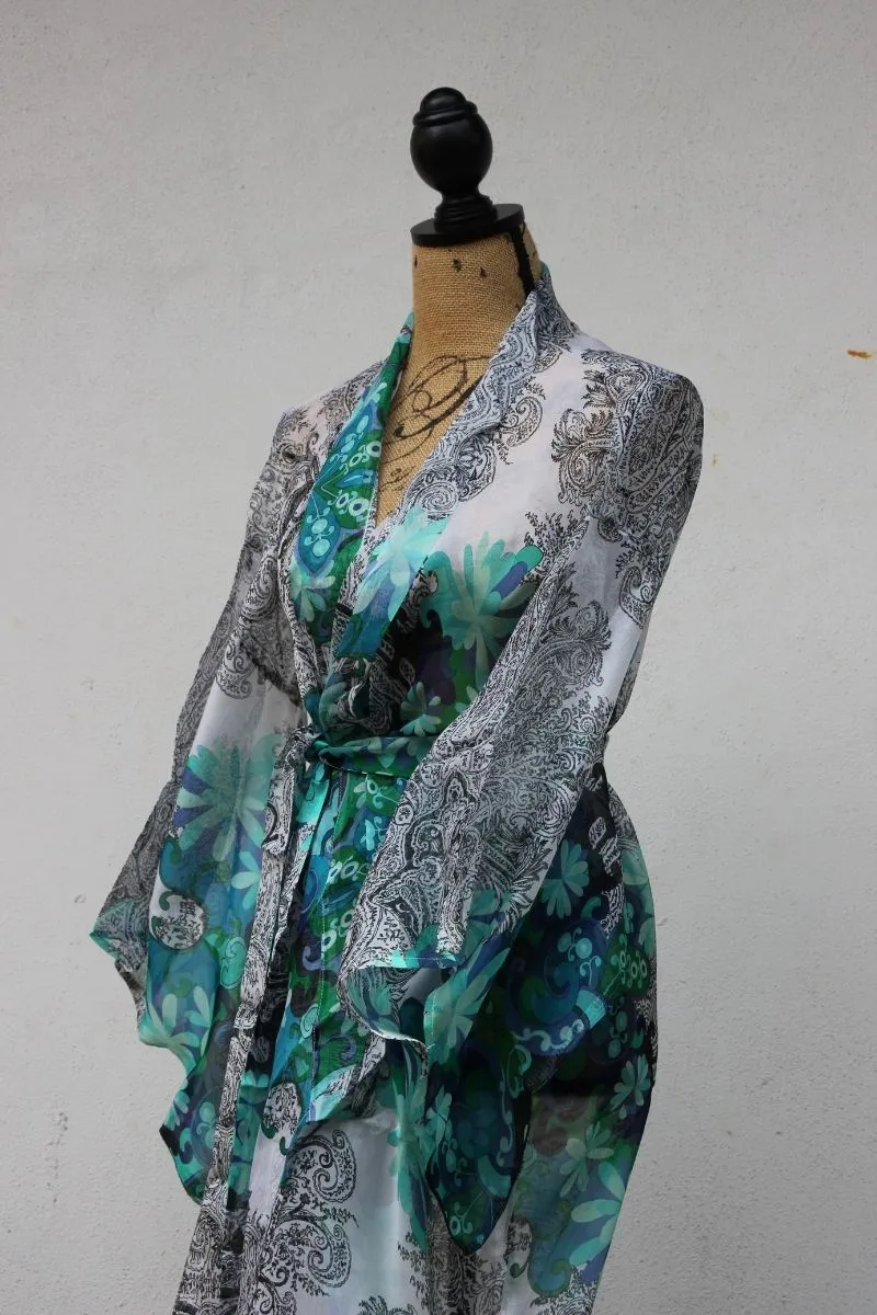 Green and White Chiffon Classic Kimono