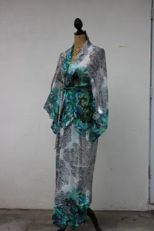 Green and White Chiffon Classic Kimono