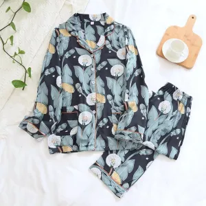 Green and yellow floral satin pajamas