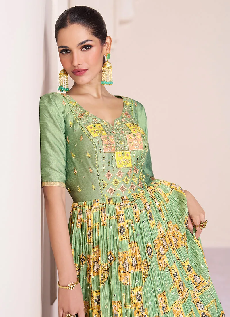 Green And Yellow Multi Embroidery Printed Wedding Anarkali Suit