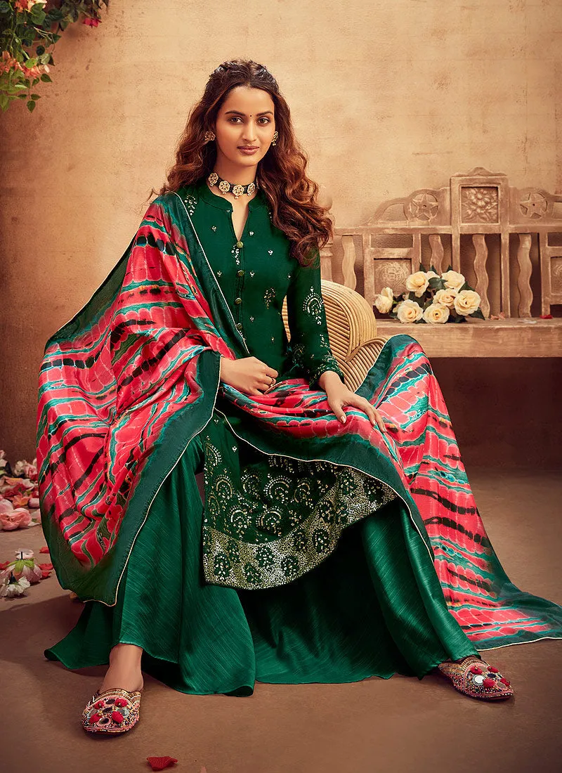 Green Embroidered Designer Palazzo Suit
