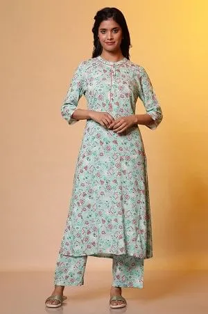 Green Floral Printed A-line Kurta & Palazzo Co-ord Set