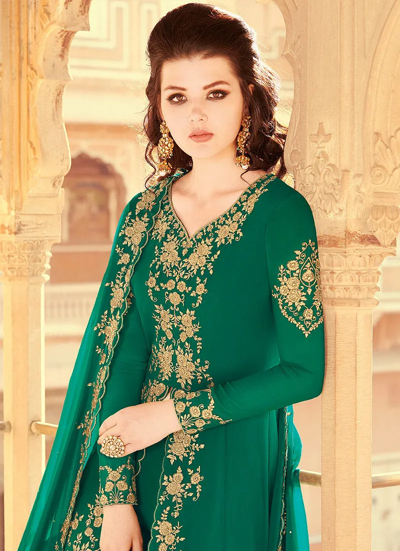 Green Golden Embroidered Slit Style Palazzo Suit