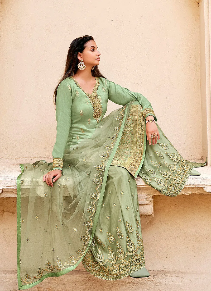 Green Golden Zari Embroidered Wedding Palazzo Suit