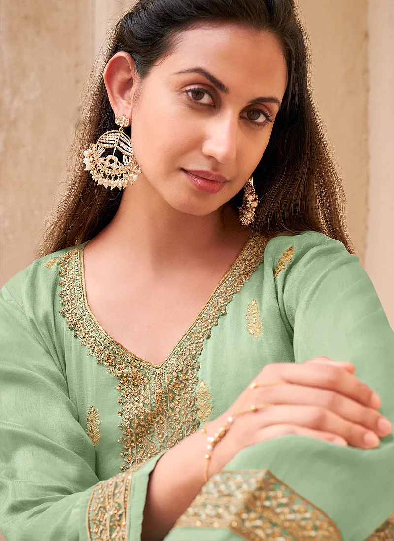 Green Golden Zari Embroidered Wedding Palazzo Suit