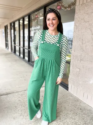 Green Karli Ribbed Jumpsuit Overalls