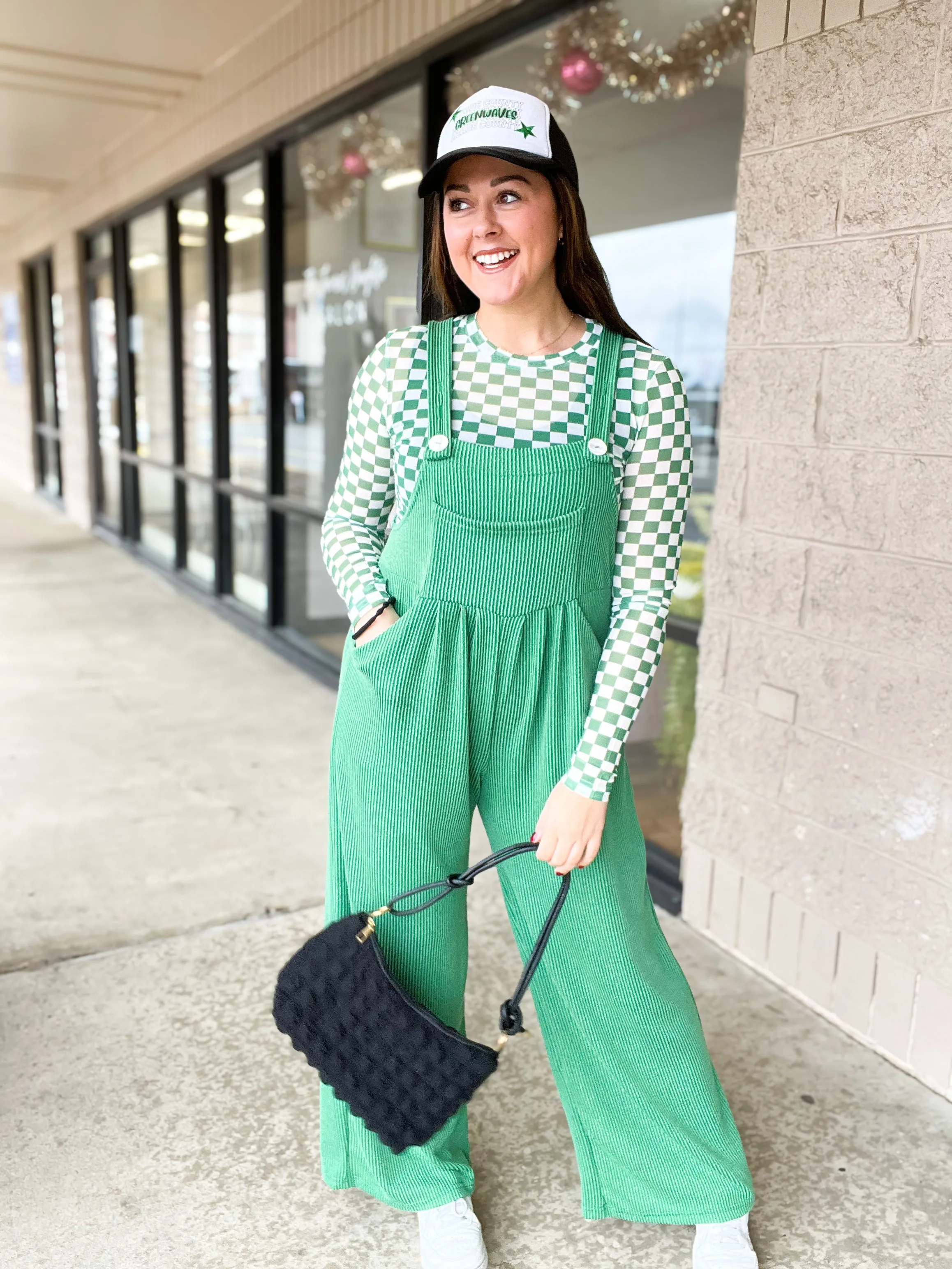 Green Karli Ribbed Jumpsuit Overalls