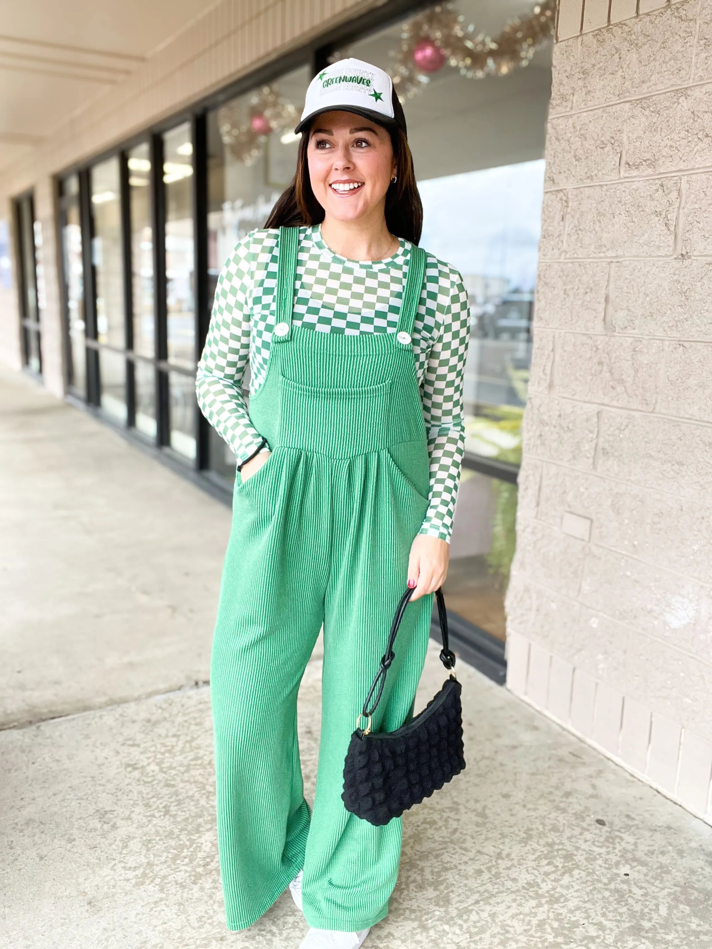 Green Karli Ribbed Jumpsuit Overalls
