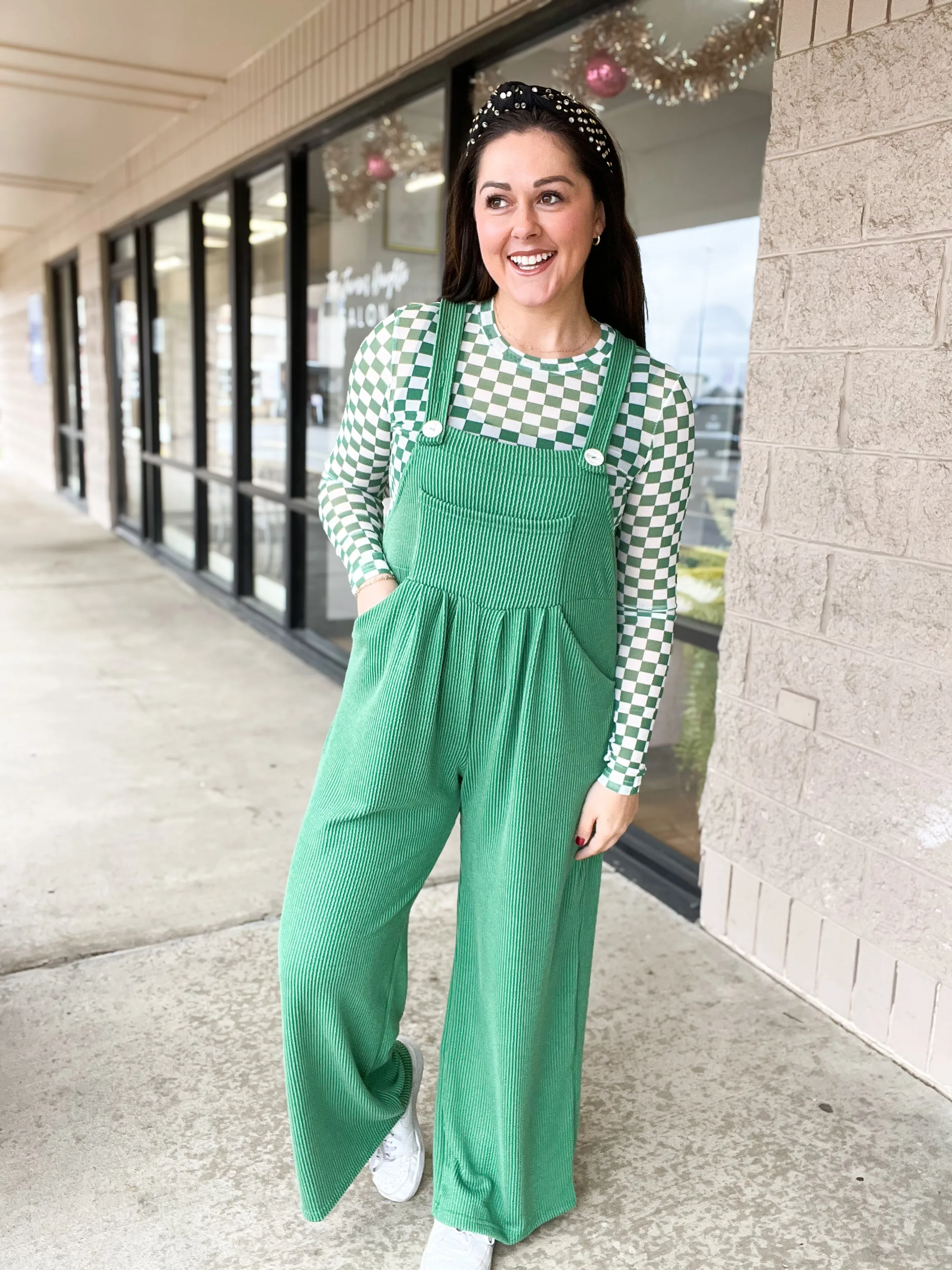 Green Karli Ribbed Jumpsuit Overalls