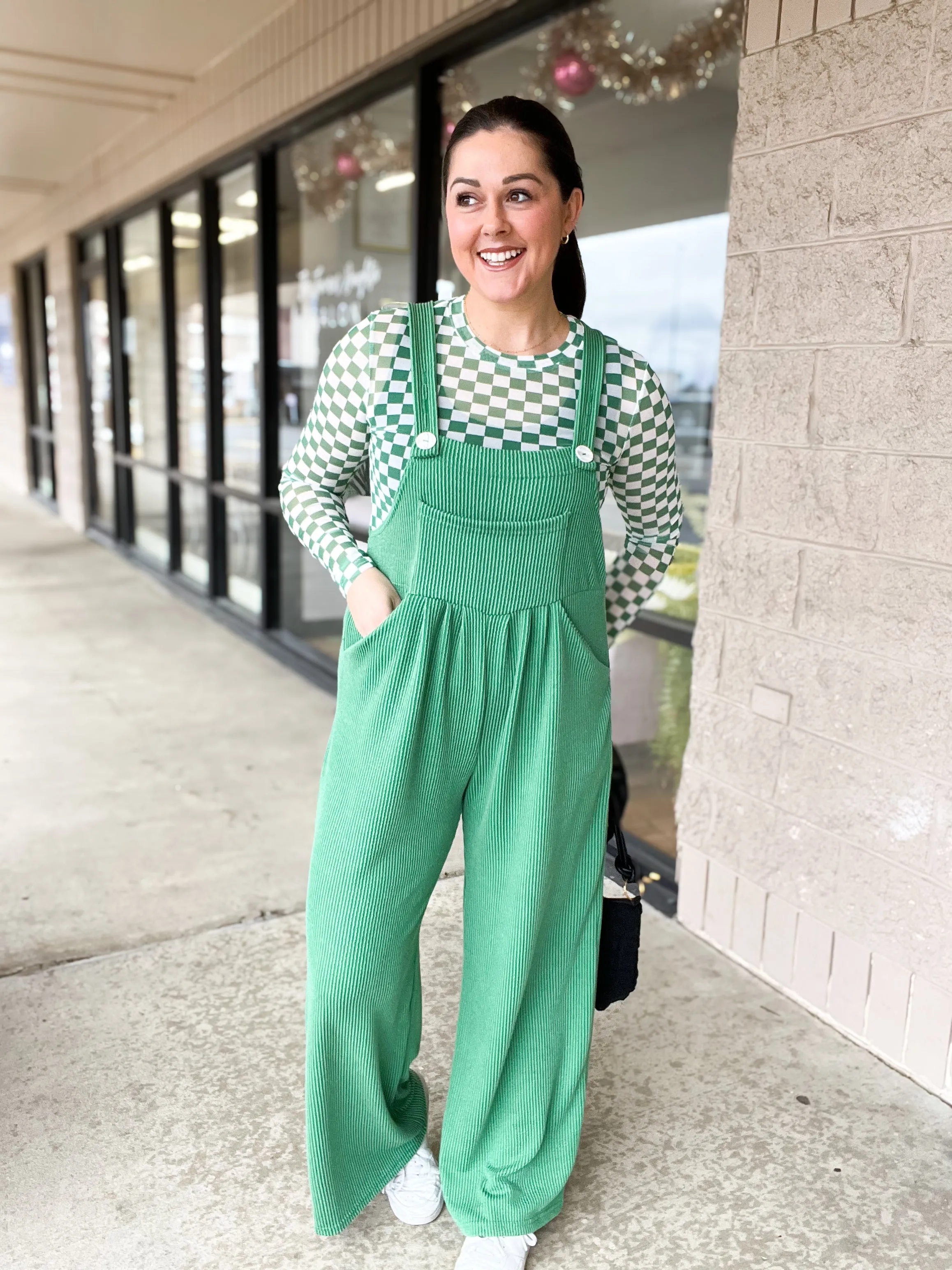 Green Karli Ribbed Jumpsuit Overalls