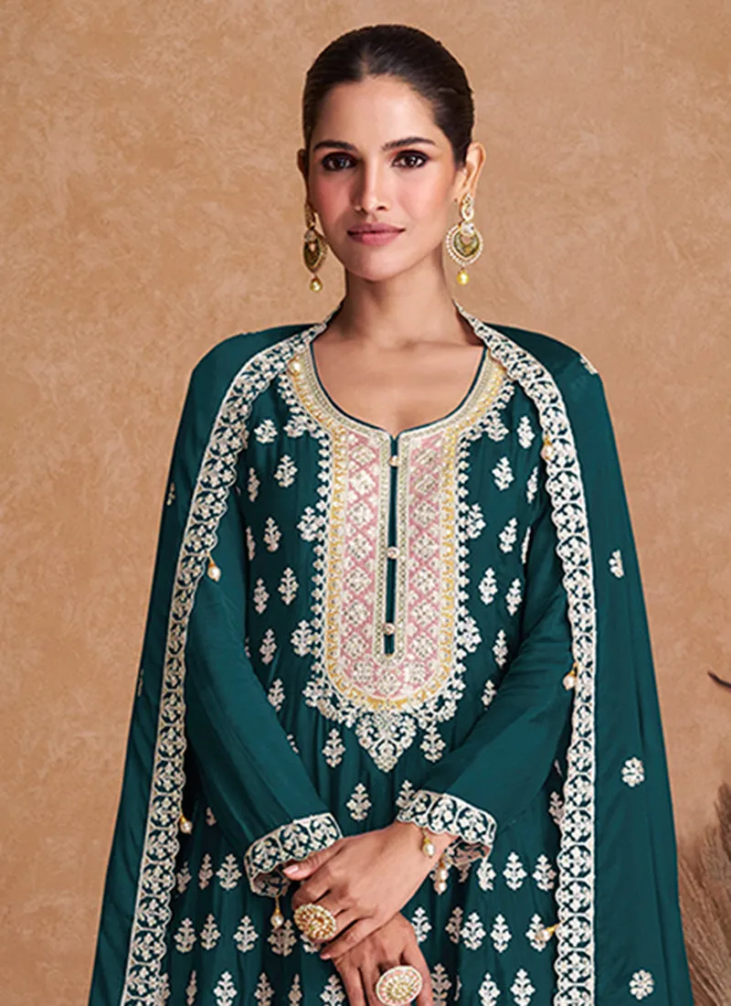 Green Multi Embroidery Wedding Gharara Style Suit