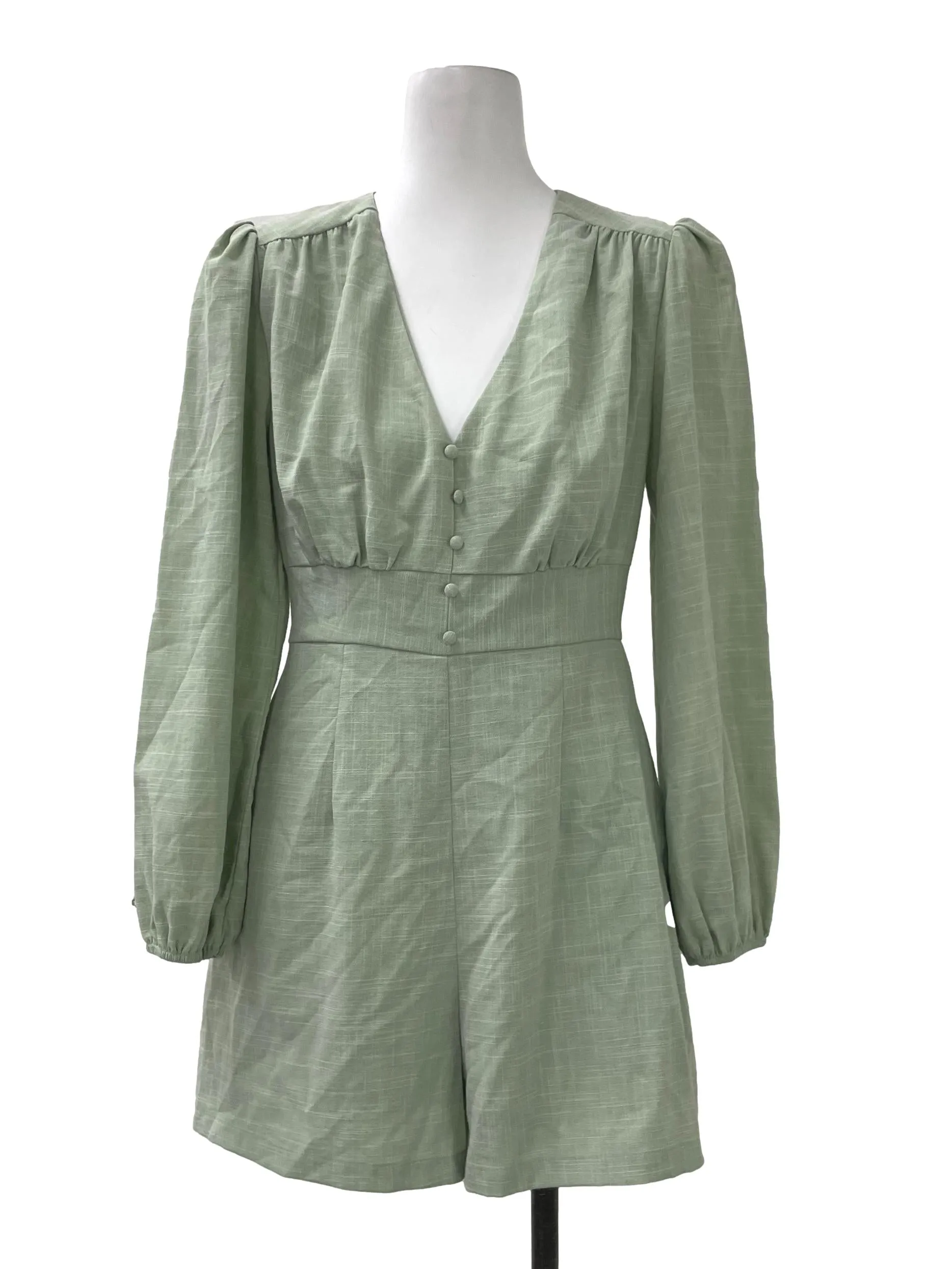 Green Pleated Long Sleeve Romper