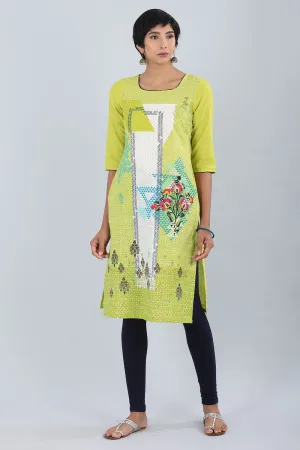 Green Round Neck Printed kurta