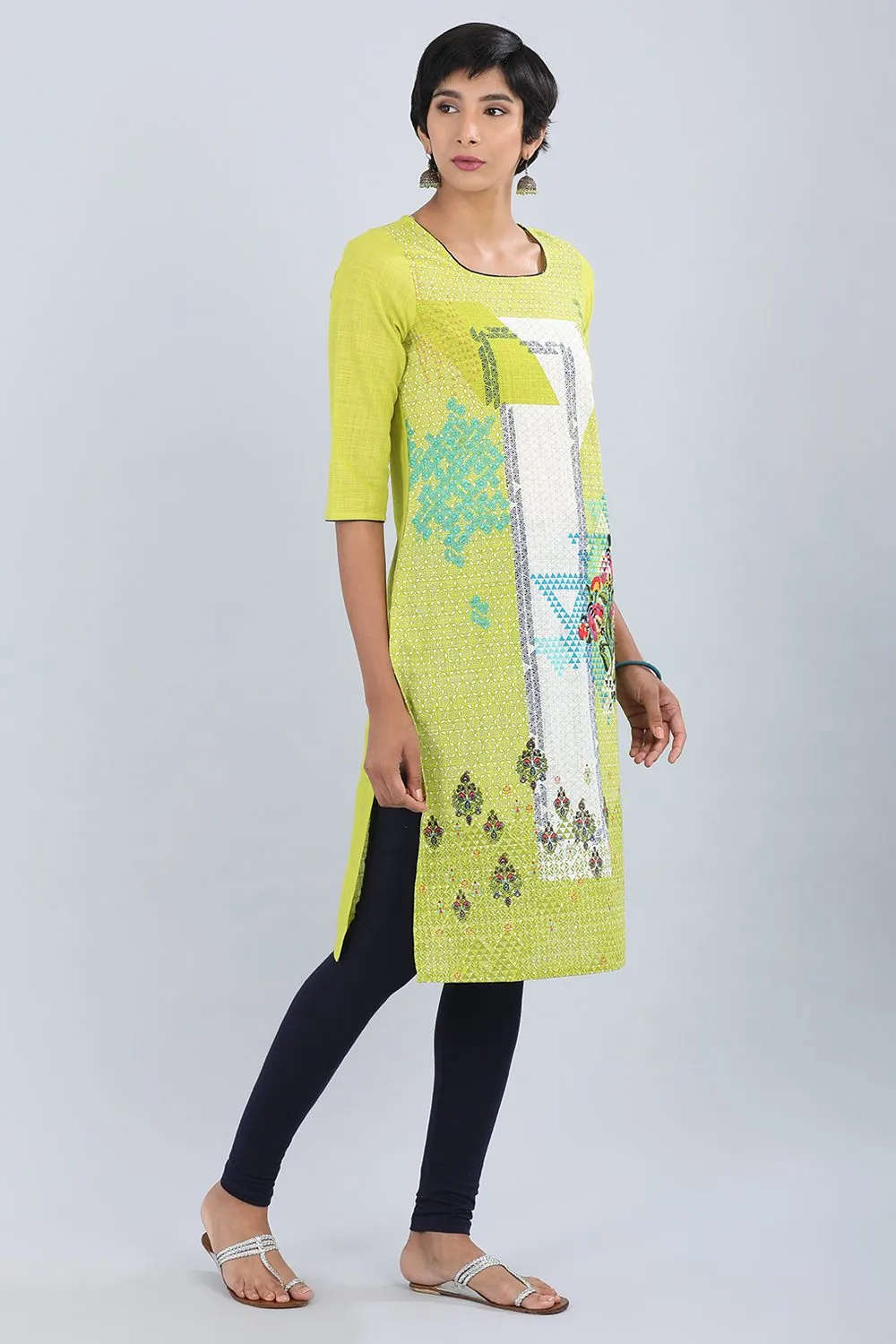 Green Round Neck Printed kurta
