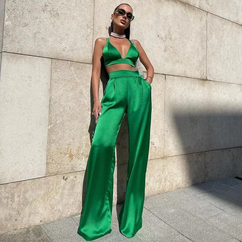 Green satin palazzo pants