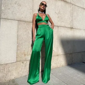 Green satin palazzo pants