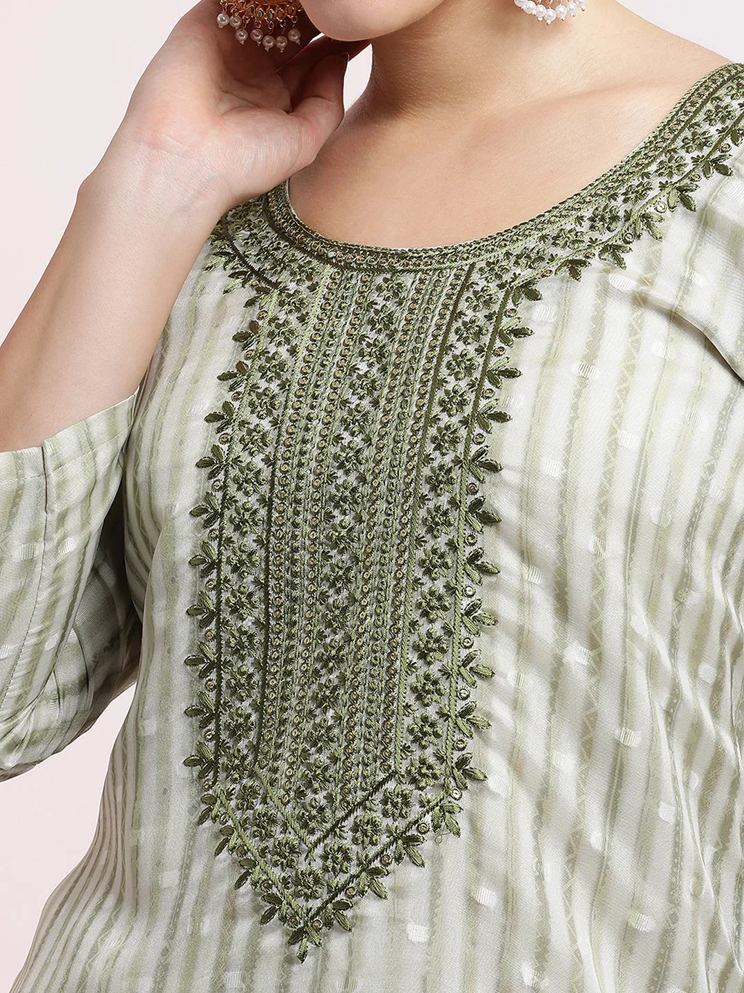 Green Woven Design Organza Kurta Set With Dupatta