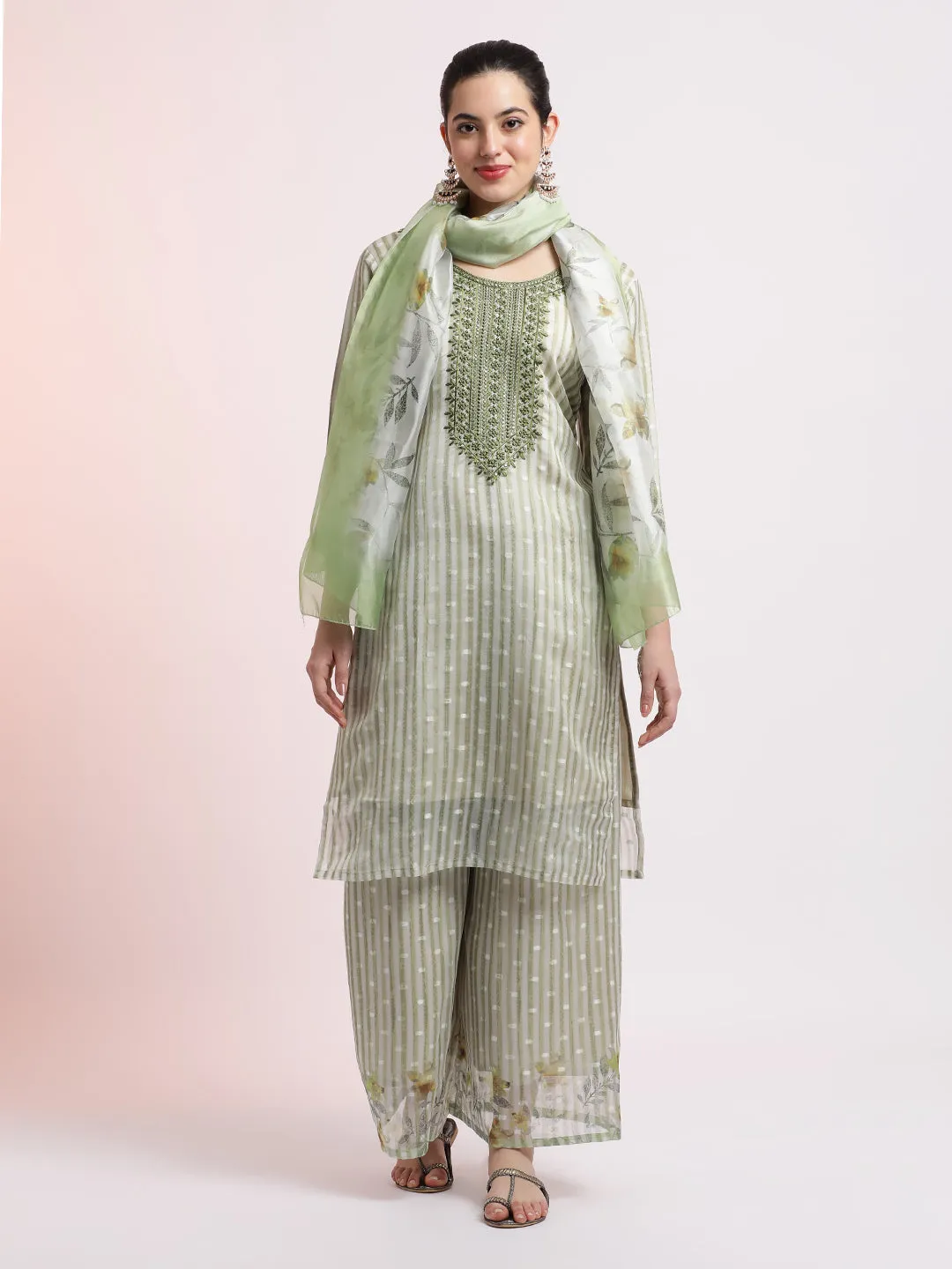 Green Woven Design Organza Kurta Set With Dupatta