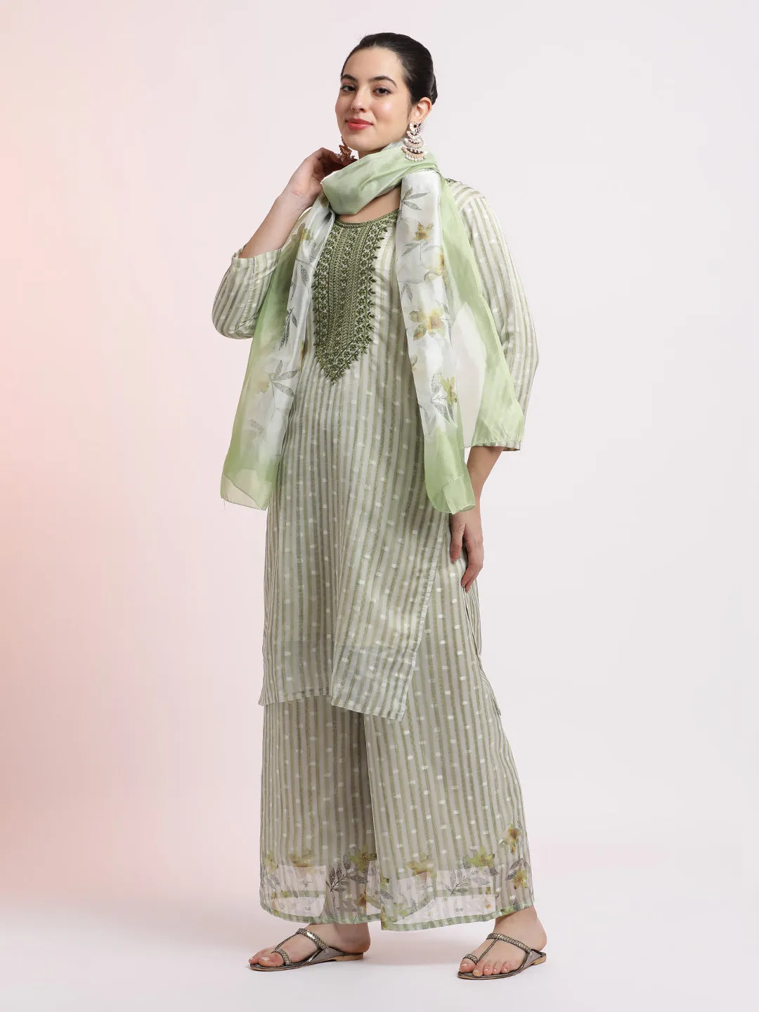 Green Woven Design Organza Kurta Set With Dupatta