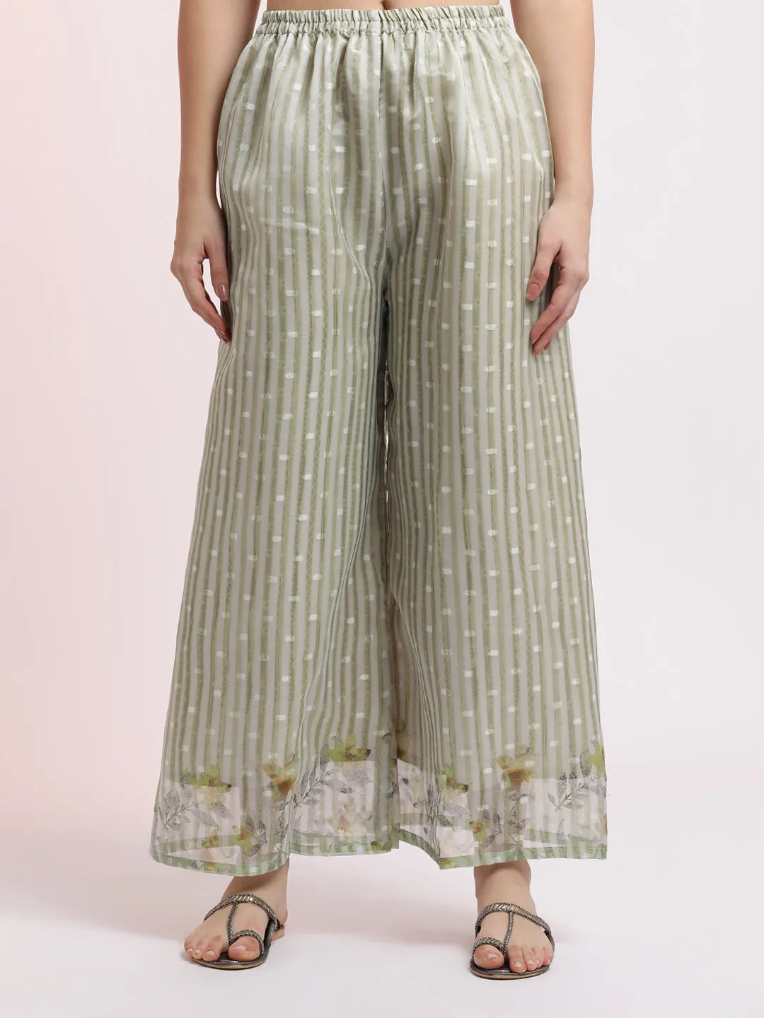 Green Woven Design Organza Kurta Set With Dupatta