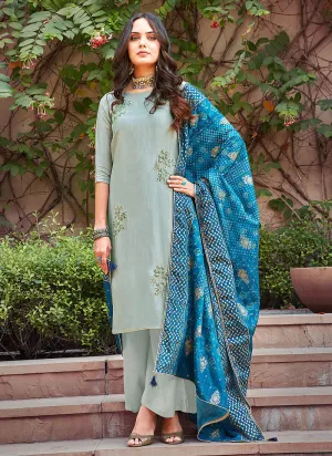 Grey And Blue Embroidered Pakistani Palazzo Suit