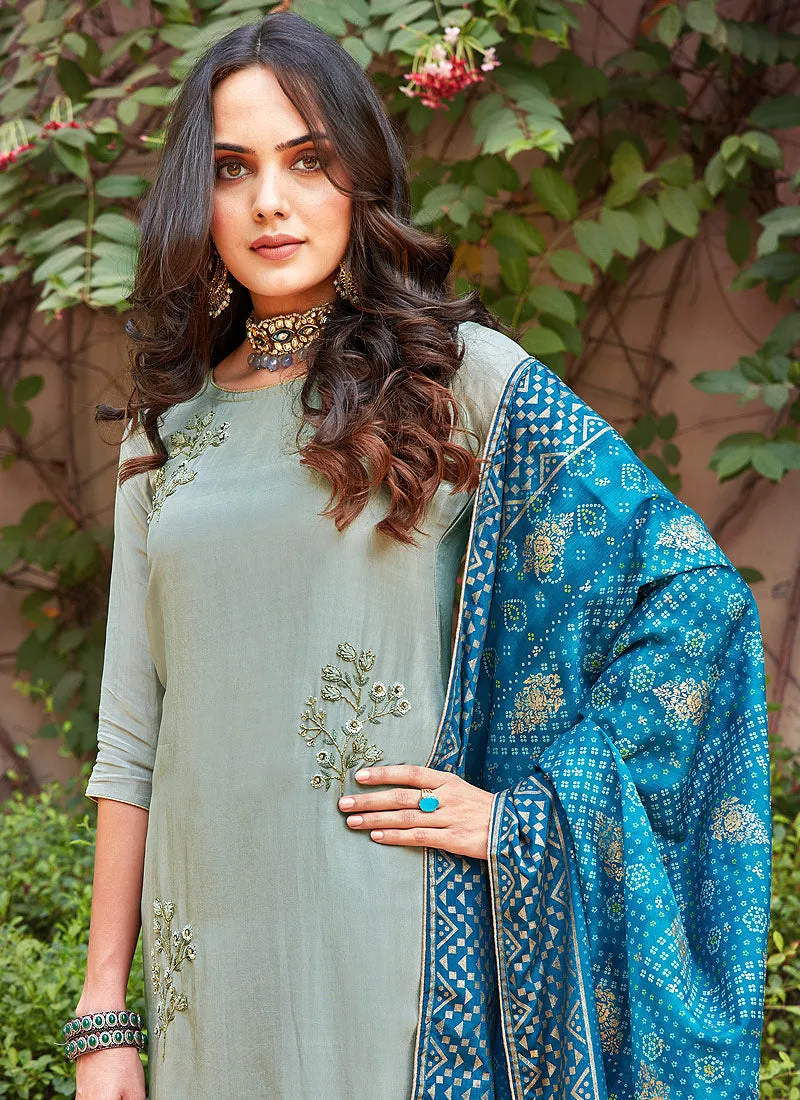 Grey And Blue Embroidered Pakistani Palazzo Suit