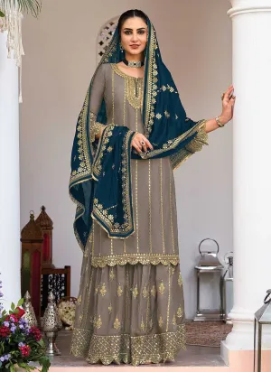 Grey and Blue Heavy Embroidered Sharara Suit