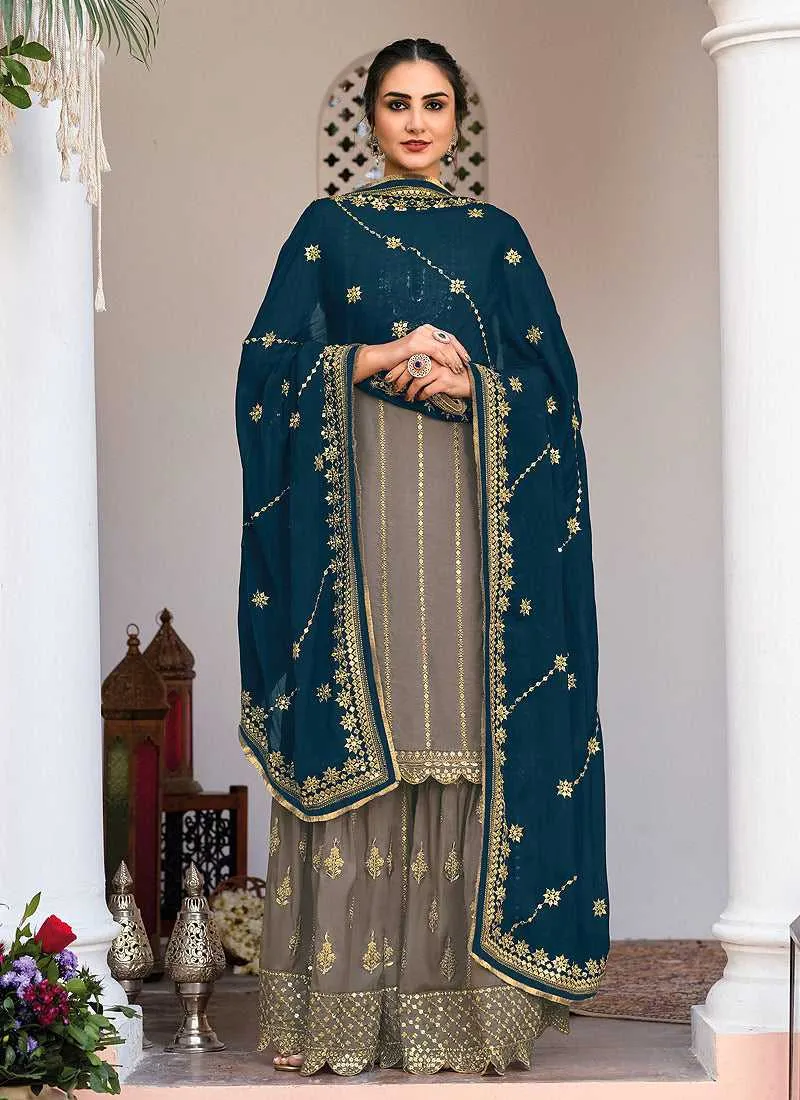 Grey and Blue Heavy Embroidered Sharara Suit