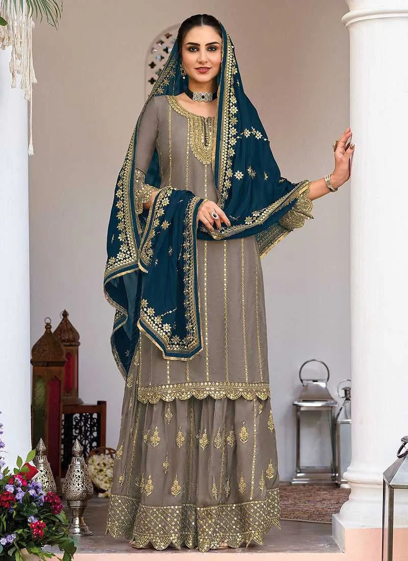 Grey and Blue Heavy Embroidered Sharara Suit