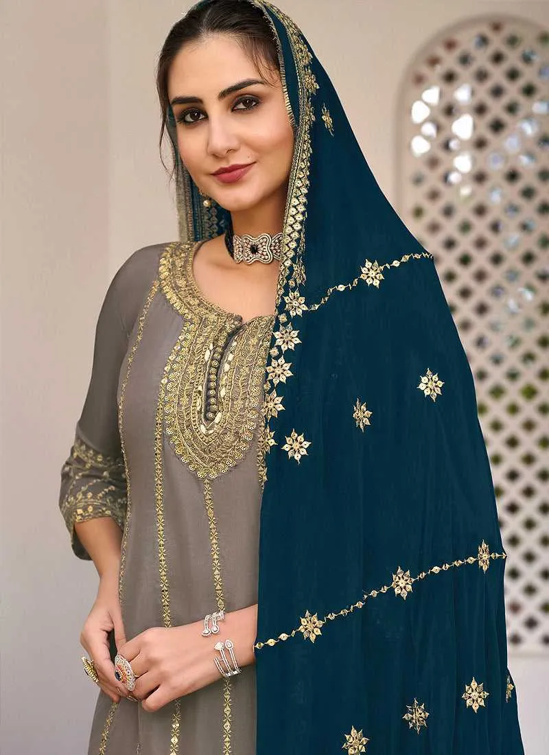 Grey and Blue Heavy Embroidered Sharara Suit