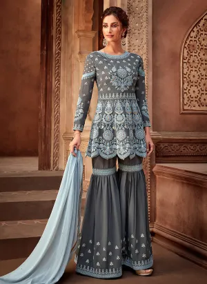 Grey And Blue Pakistani Gharara Suit