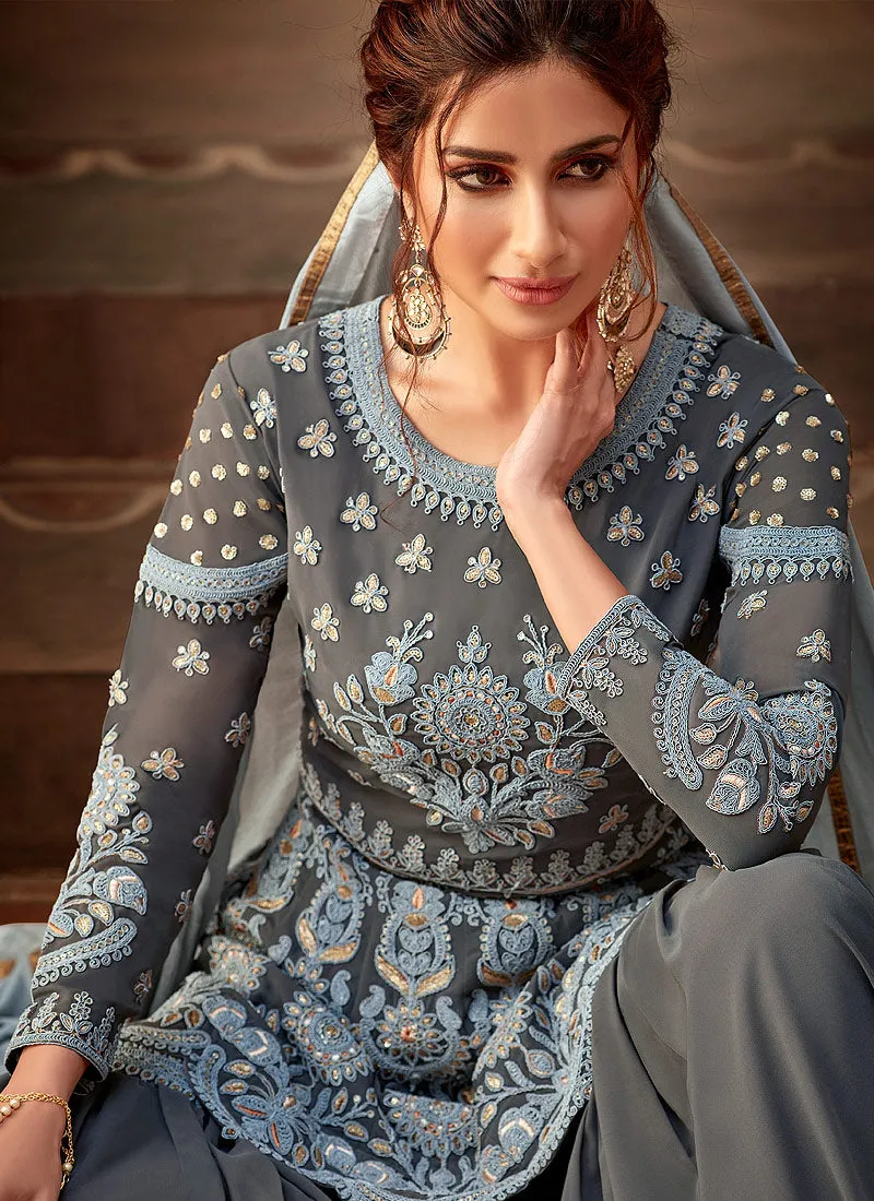 Grey And Blue Pakistani Gharara Suit