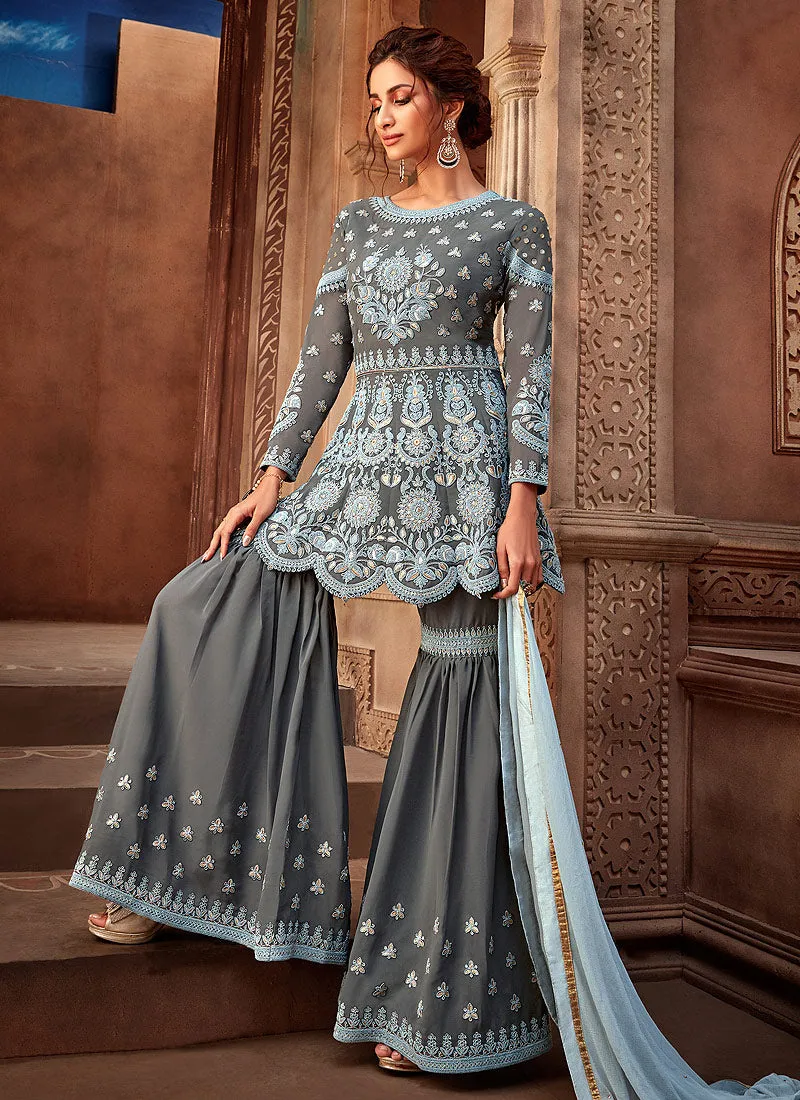 Grey And Blue Pakistani Gharara Suit