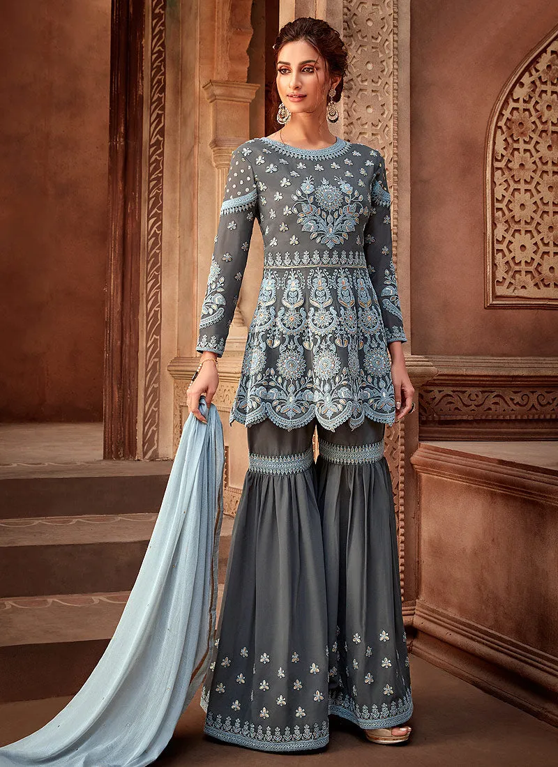 Grey And Blue Pakistani Gharara Suit