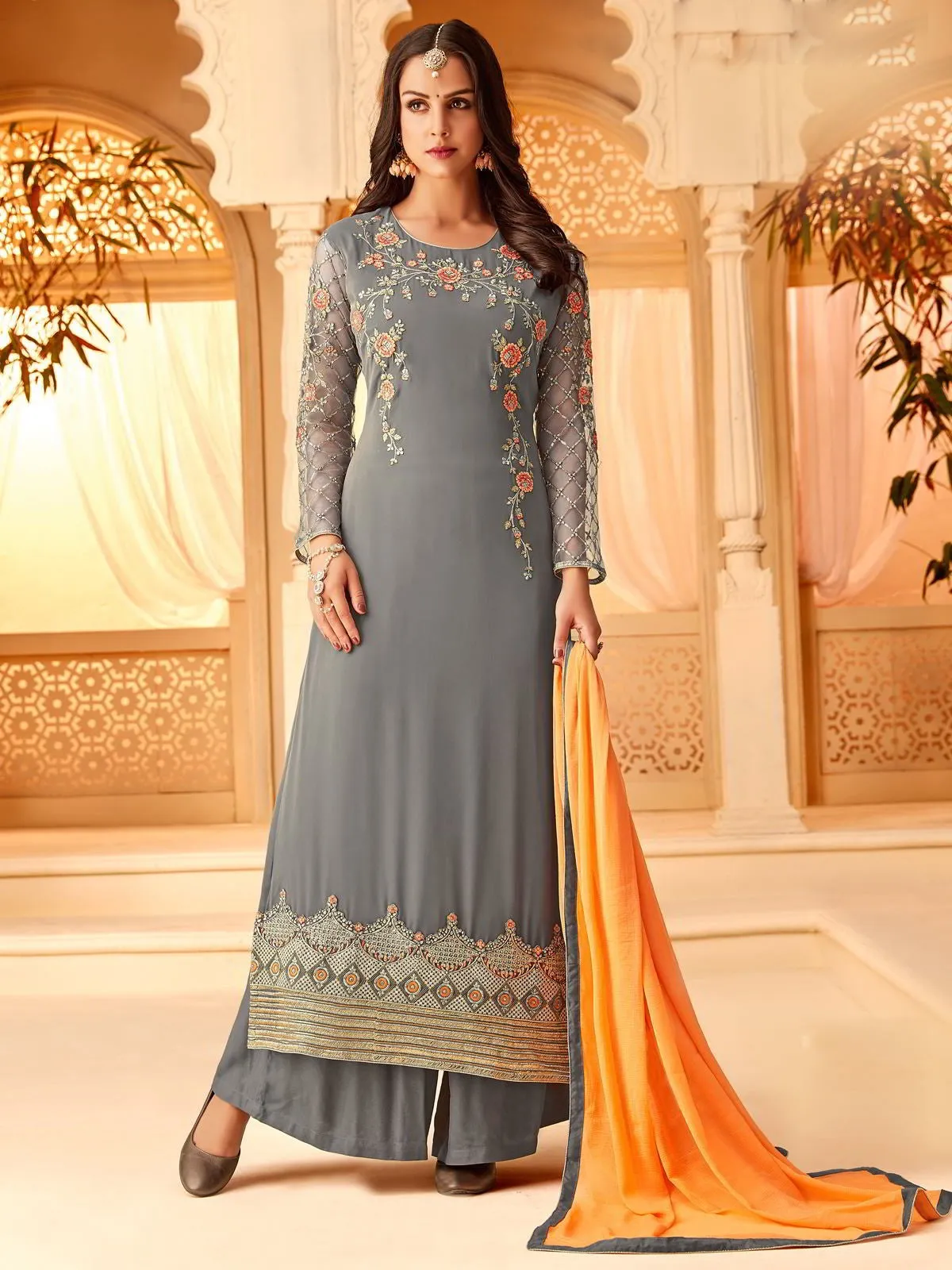Grey Orange In Combination Embroidered Palazzo Suit