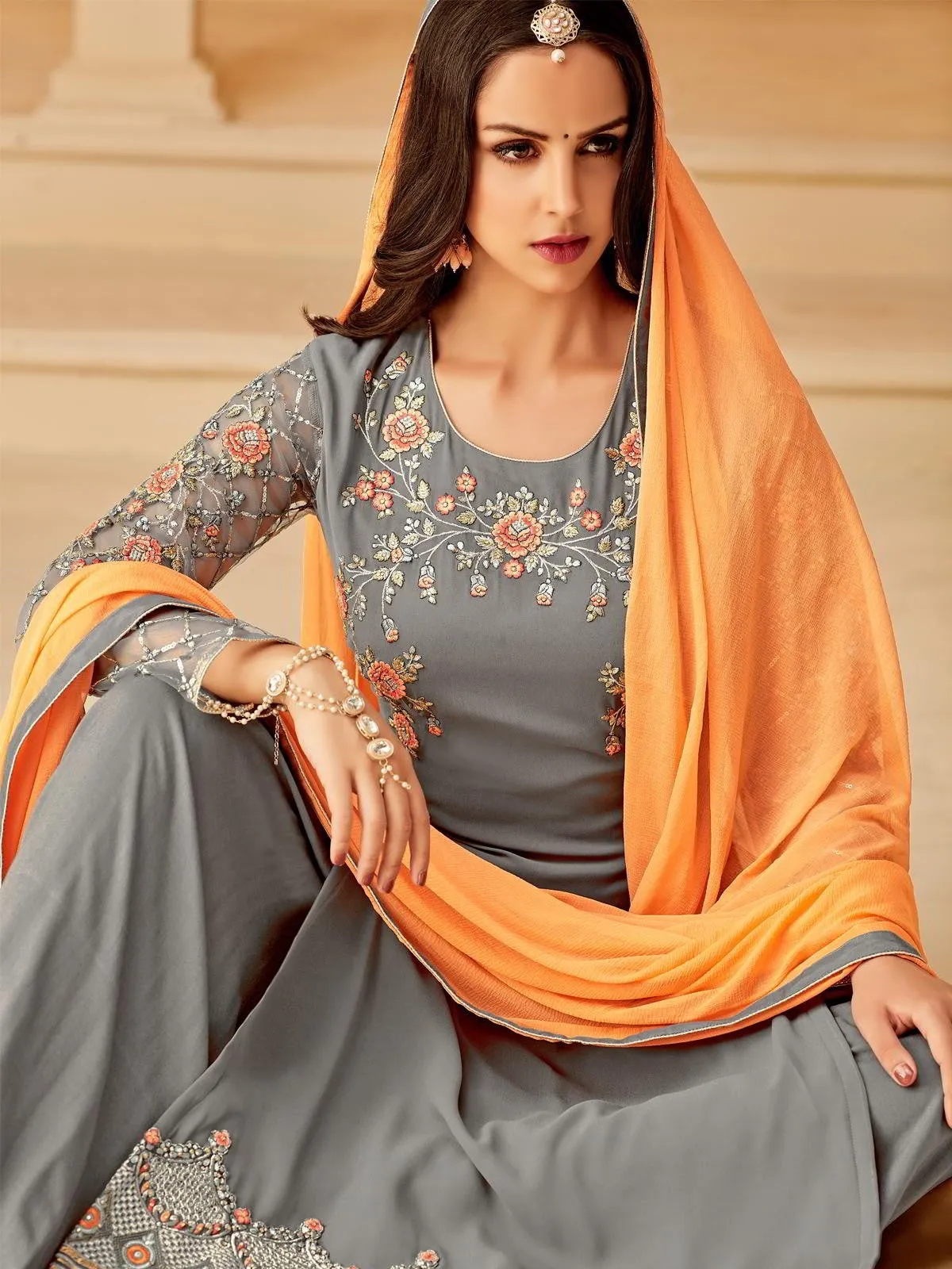 Grey Orange In Combination Embroidered Palazzo Suit