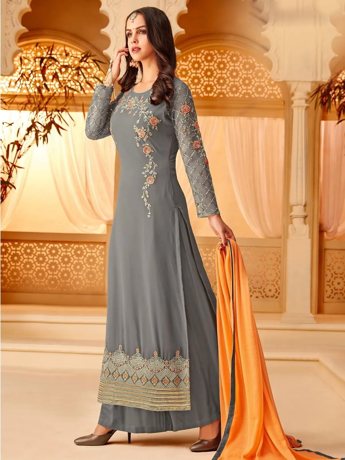 Grey Orange In Combination Embroidered Palazzo Suit