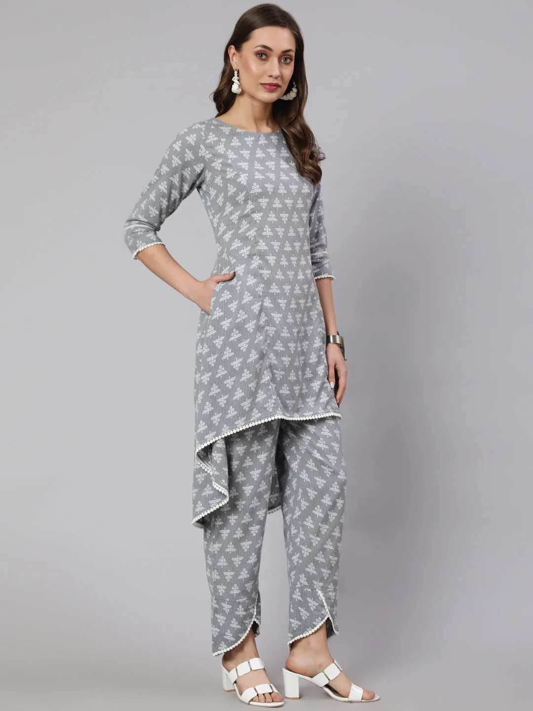 Grey Woven Asymmetric Hemline Printed Kurta With Tulip Palazzo