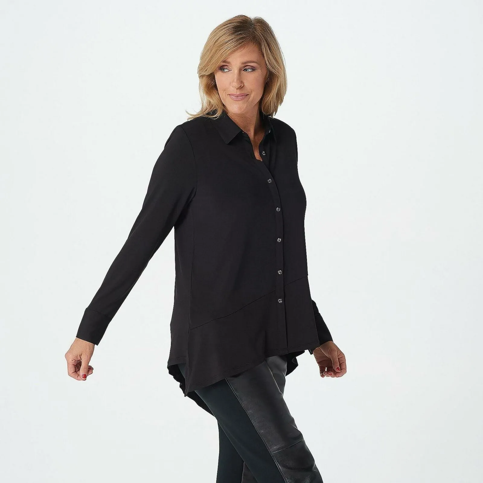 H by Halston Jet Set Asymmetric Hem Button Front Knit Shirt Black Plus 3X