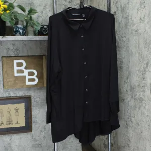 H by Halston Jet Set Asymmetric Hem Button Front Knit Shirt Black Plus 3X