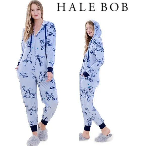 Hale Bob Onesie Zip Up Hoodie Pajamas with Poodle Print Size Large NWT $…