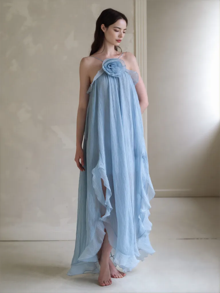 Halter Neck Maxi Dress with Ruffles,Chiffon Boho Beach Dress,Gathered Dress,Honeymoon Maxi Dress