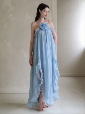 Halter Neck Maxi Dress with Ruffles,Chiffon Boho Beach Dress,Gathered Dress,Honeymoon Maxi Dress