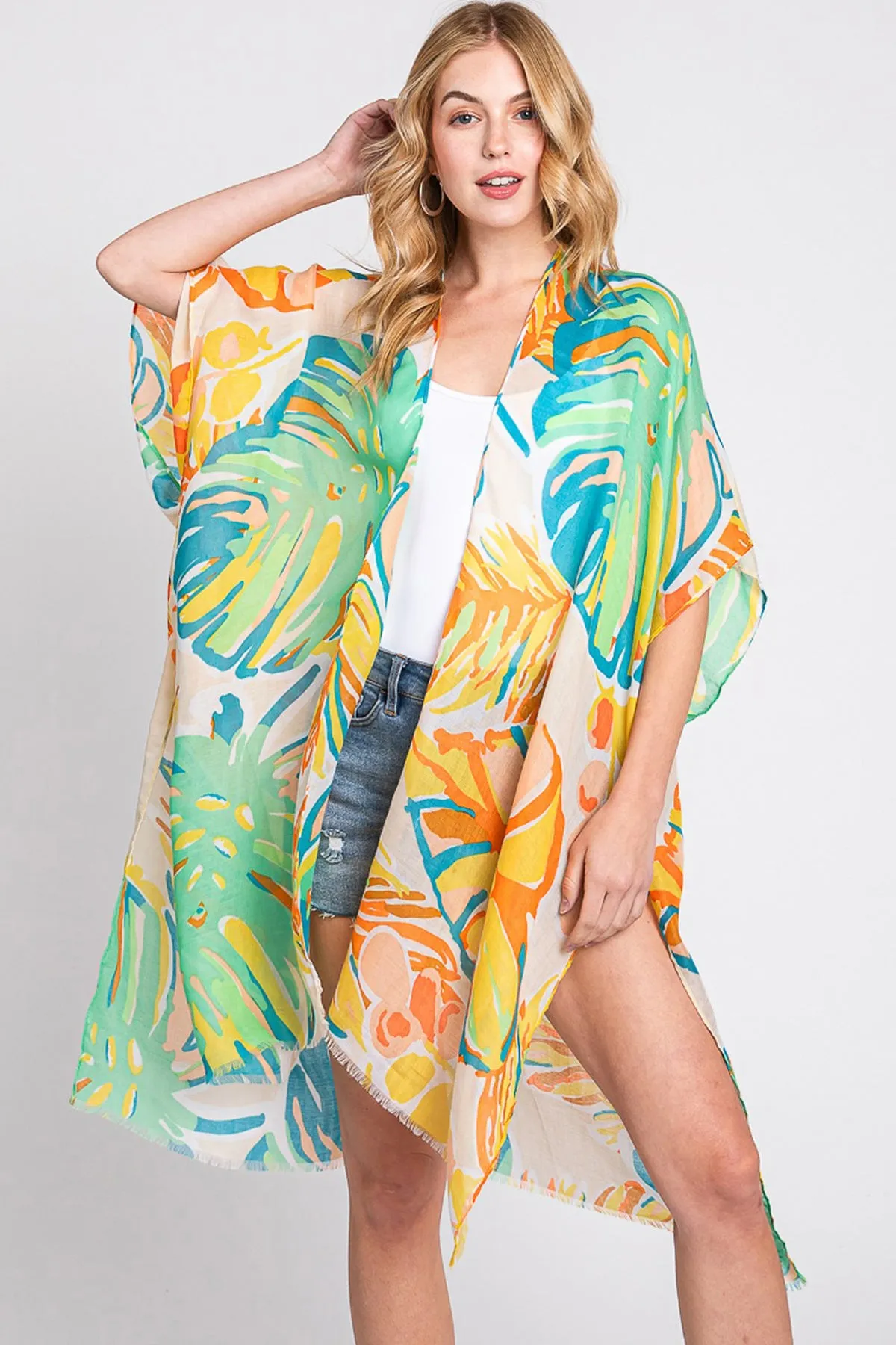 HAND DRAWN TROPICAL LEAVES KIMONO
