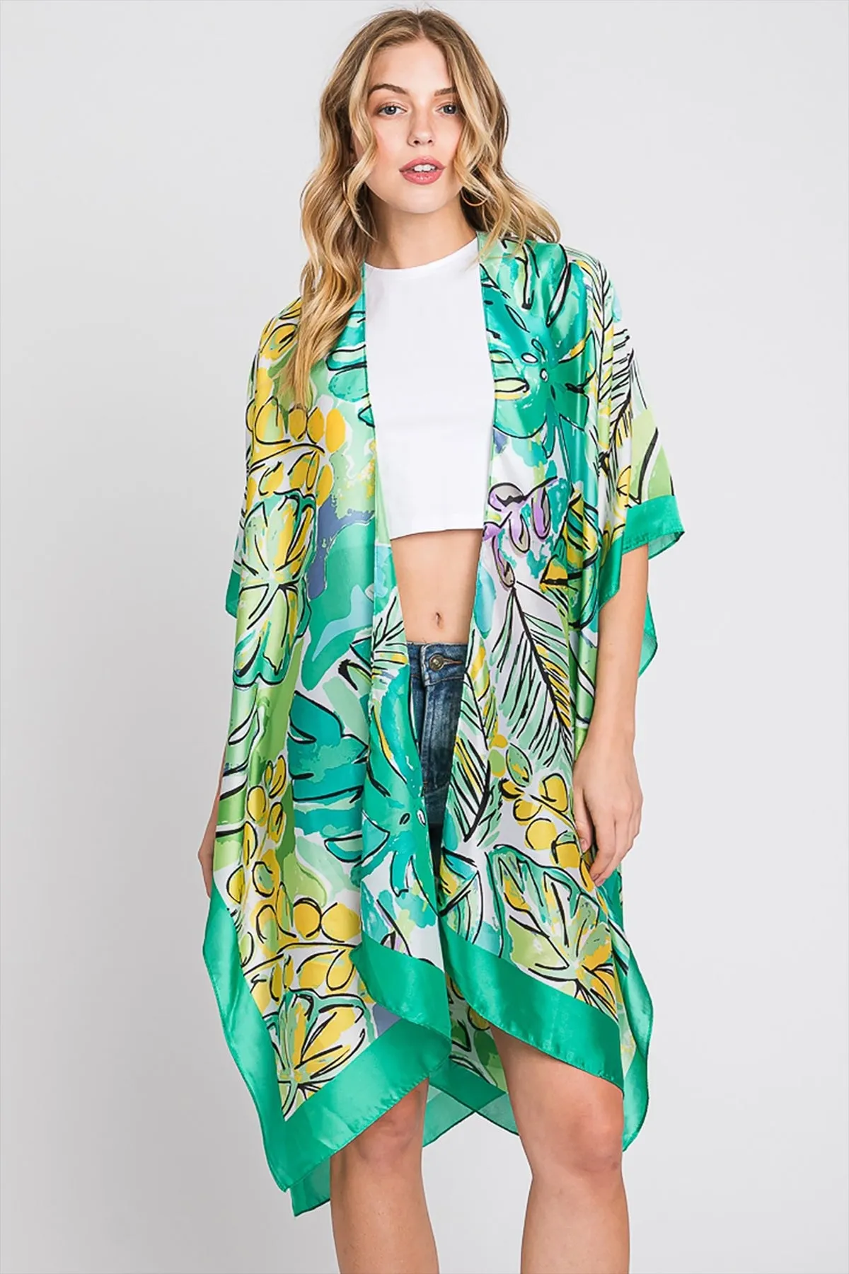 HAND DRAWN WATERCOLOR TROPICAL LEAVES KIMONO