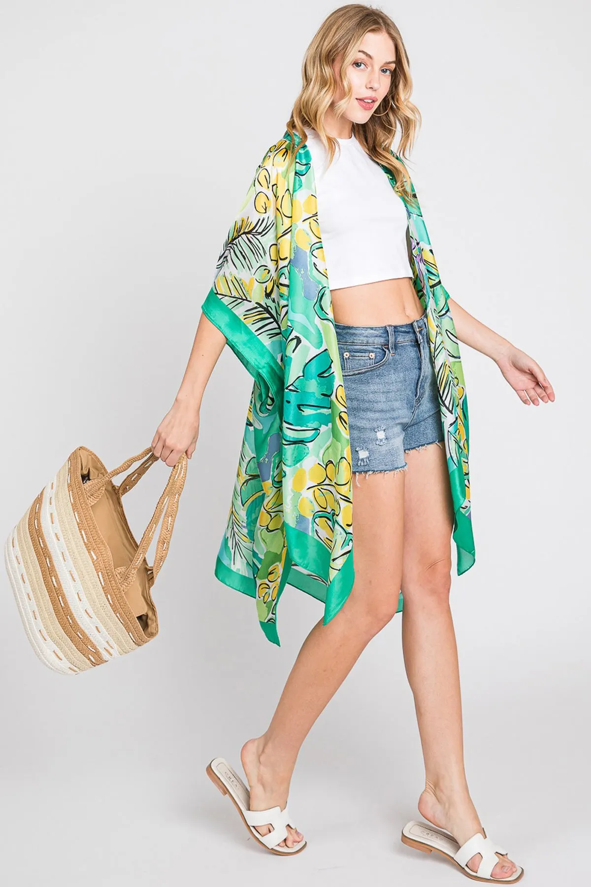 HAND DRAWN WATERCOLOR TROPICAL LEAVES KIMONO