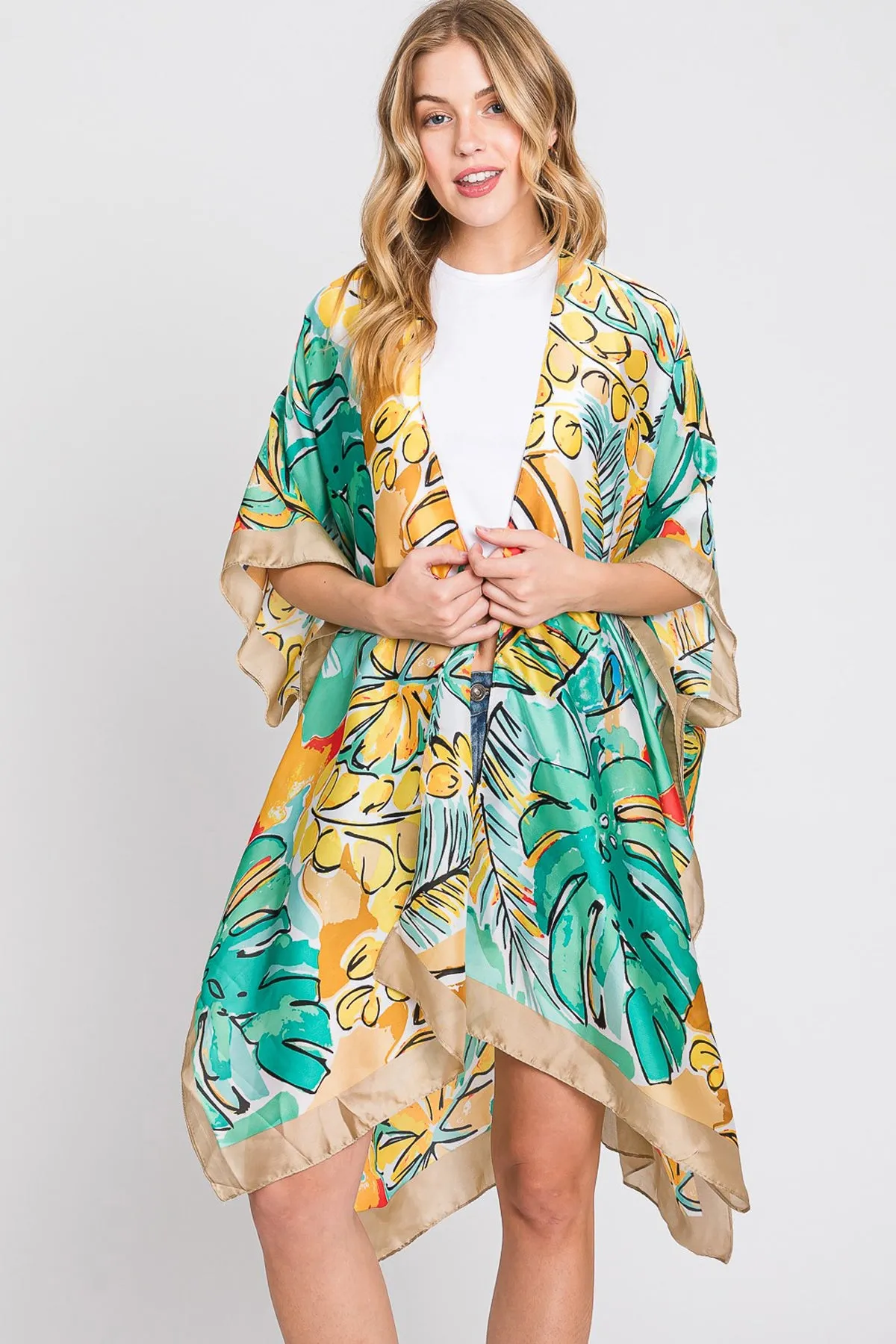 HAND DRAWN WATERCOLOR TROPICAL LEAVES KIMONO