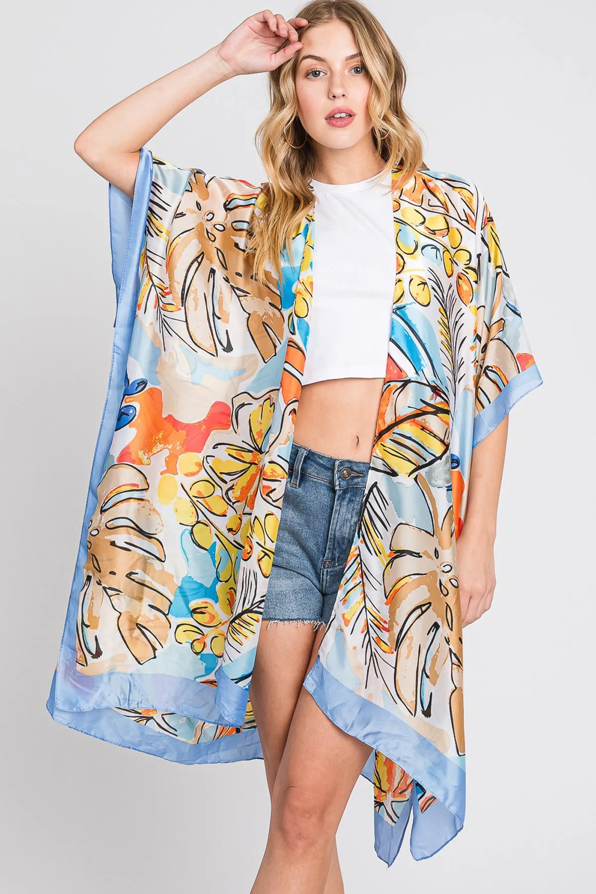 HAND DRAWN WATERCOLOR TROPICAL LEAVES KIMONO