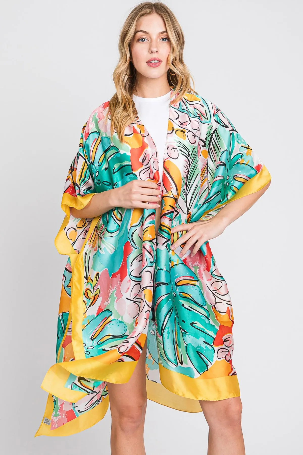 HAND DRAWN WATERCOLOR TROPICAL LEAVES KIMONO