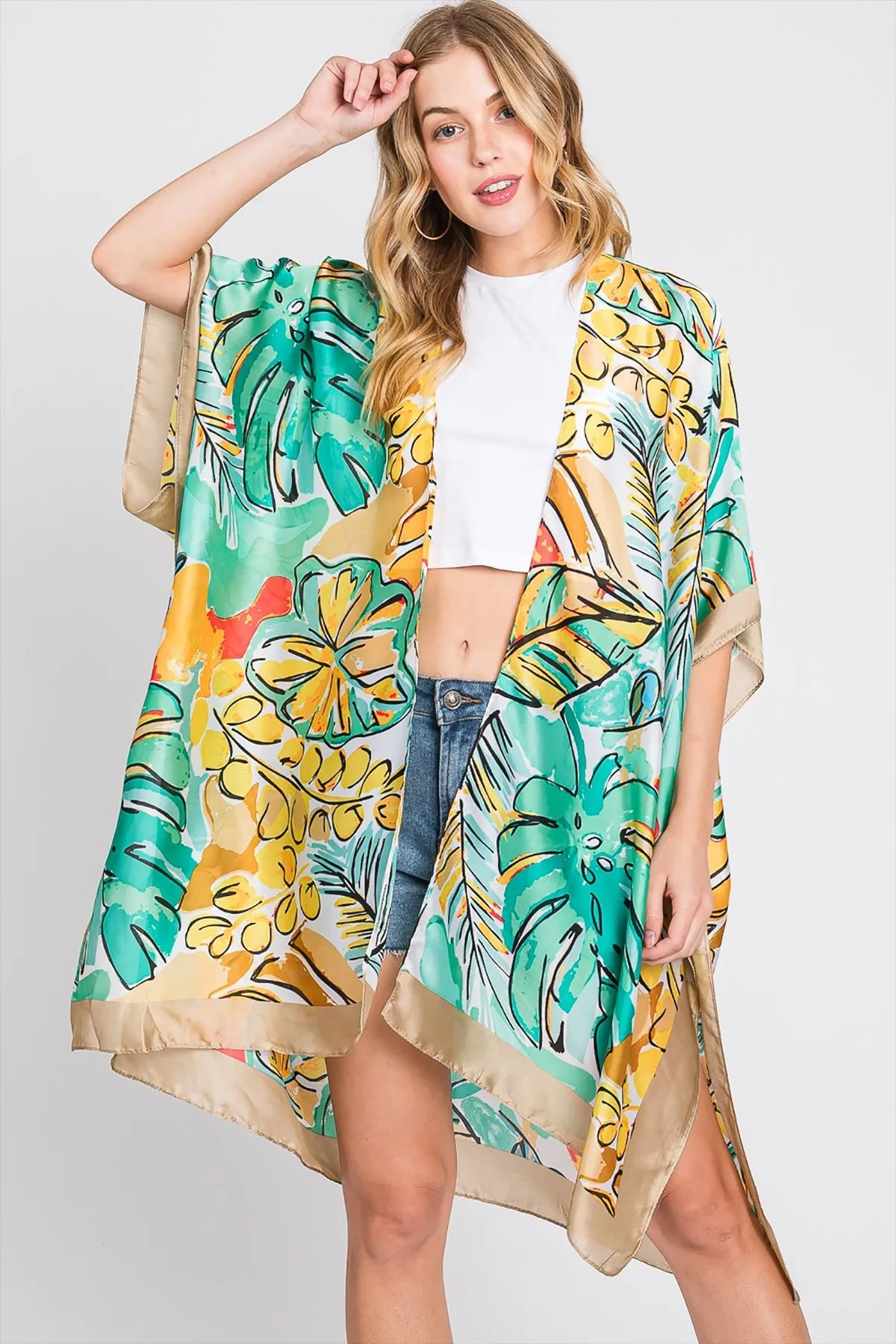 HAND DRAWN WATERCOLOR TROPICAL LEAVES KIMONO